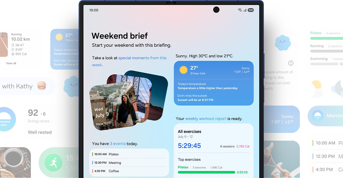 A Galaxy Z Fold7 is displayed, unfolded from the Home screen. Instant Summary is active, and the Weekend Summary displays photo memories, upcoming scheduled events, the latest weather, and other workout information. More information from the Instant Summary can be seen alongside the device, including Energy Score and run information.