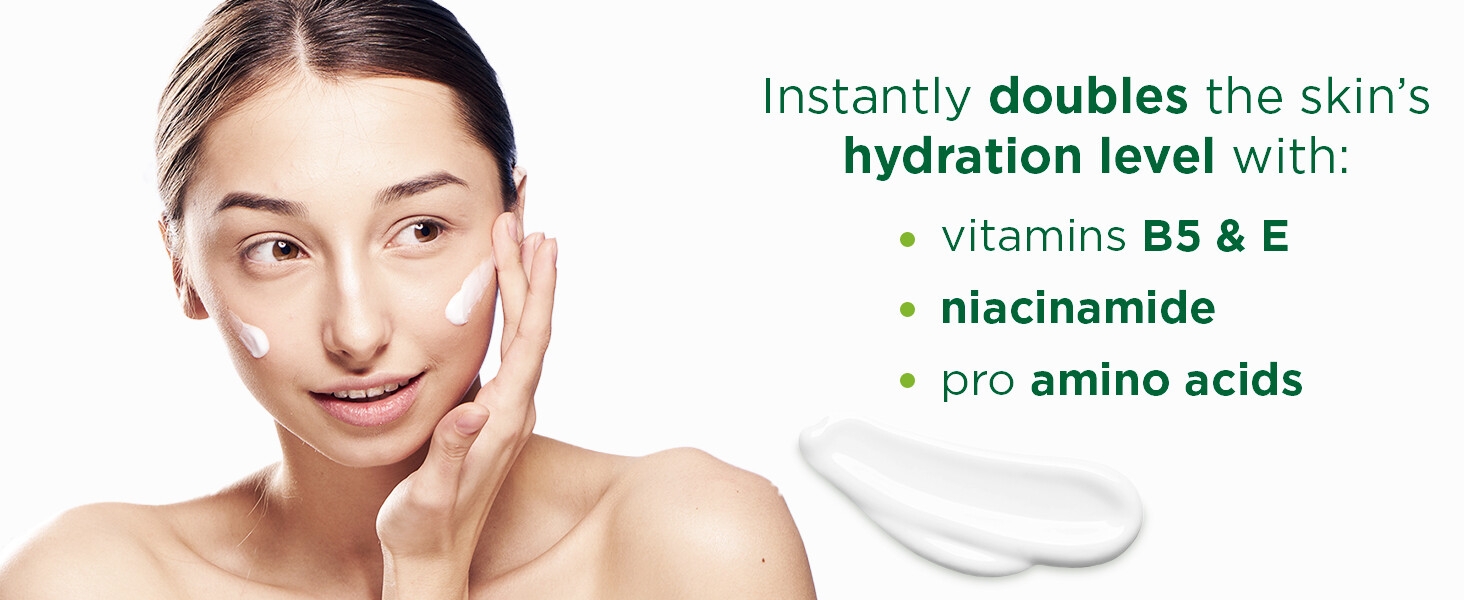 Instantly doubles the skin’s hydration levels, with vitamins B5 & E, niacinamide and pro amino acids