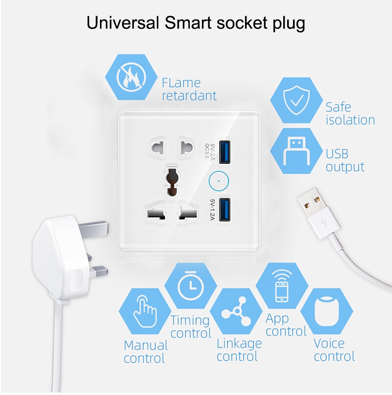 Tuya WiFi Smart Socket Switch Universal Plug for EU UK Quick Charge 3.0 B Port 16A Wall Socket 2 Compatible Alexa Google Home