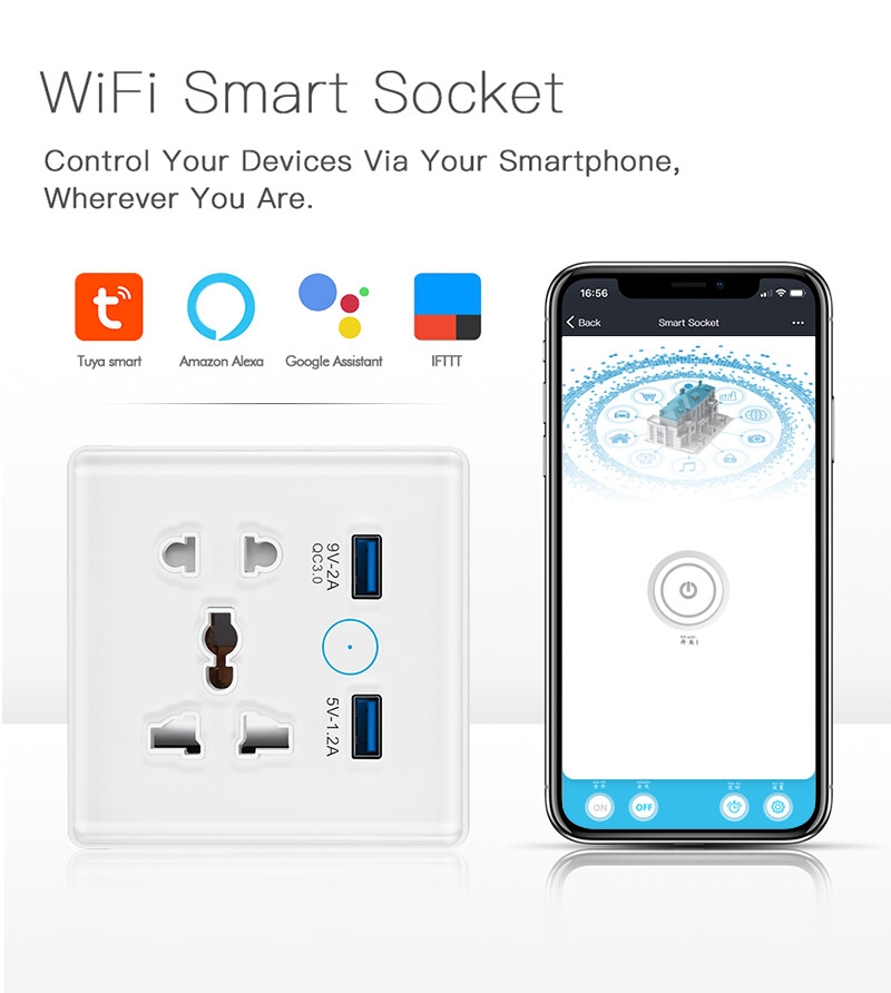 Tuya WiFi Smart Socket Switch Universal Plug for EU UK Quick Charge 3.0 B Port 16A Wall Socket 2 Compatible Alexa Google Home