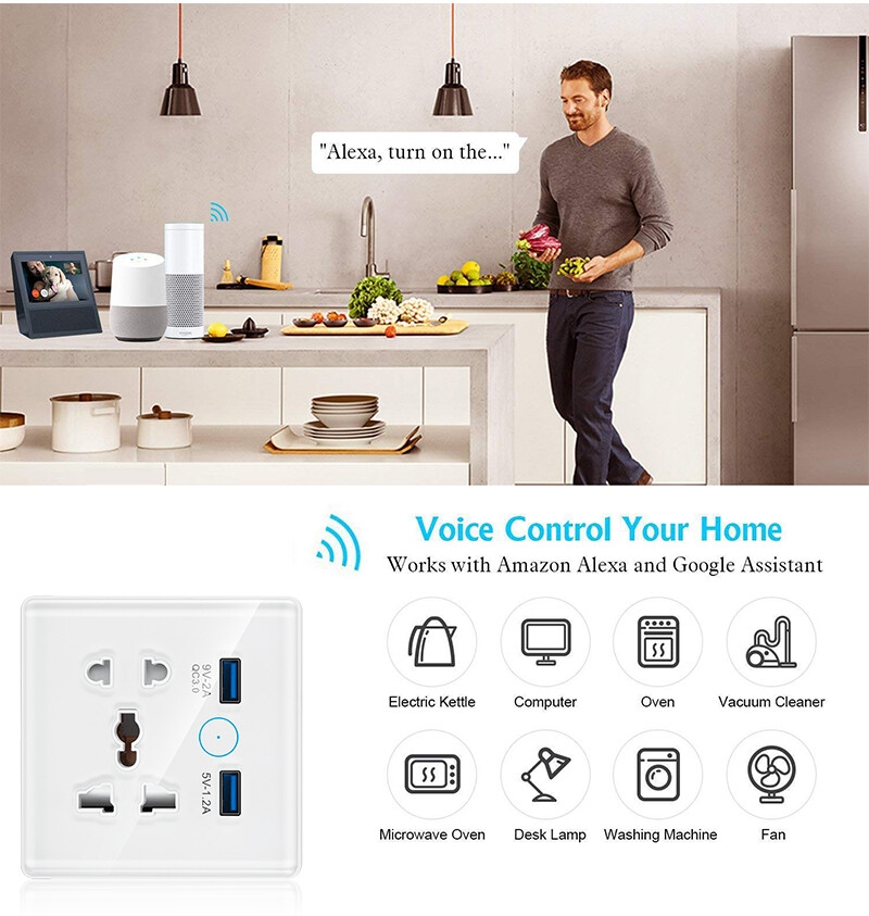 Tuya WiFi Smart Socket Switch Universal Plug for EU UK Quick Charge 3.0 B Port 16A Wall Socket 2 Compatible Alexa Google Home