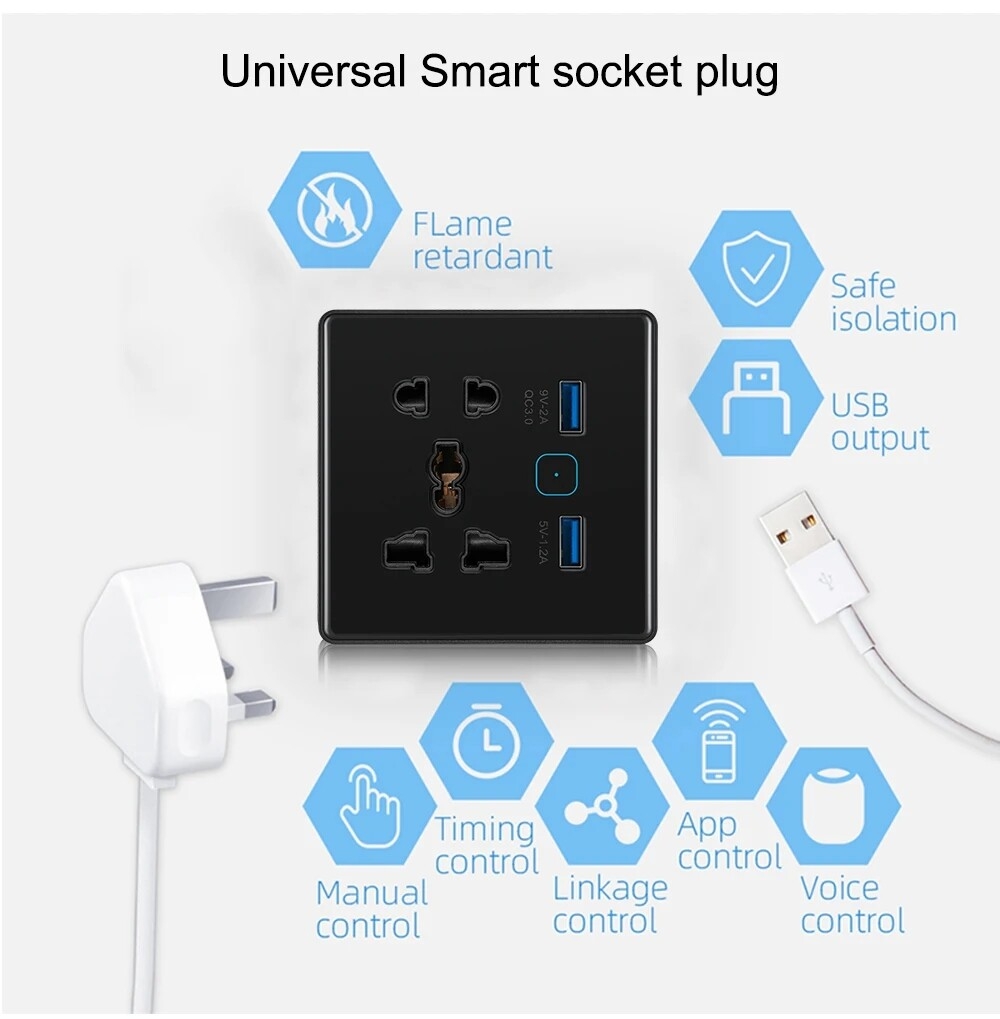 Tuya WiFi Smart Socket Switch Universal Plug for EU UK Quick Charge 3.0 B Port 16A Wall Socket 2 Compatible Alexa Google Home