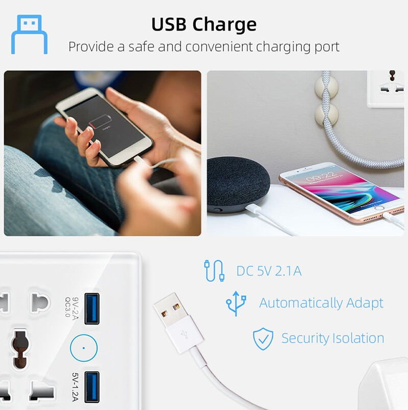 Tuya WiFi Smart Socket Switch Universal Plug for EU UK Quick Charge 3.0 B Port 16A Wall Socket 2 Compatible Alexa Google Home