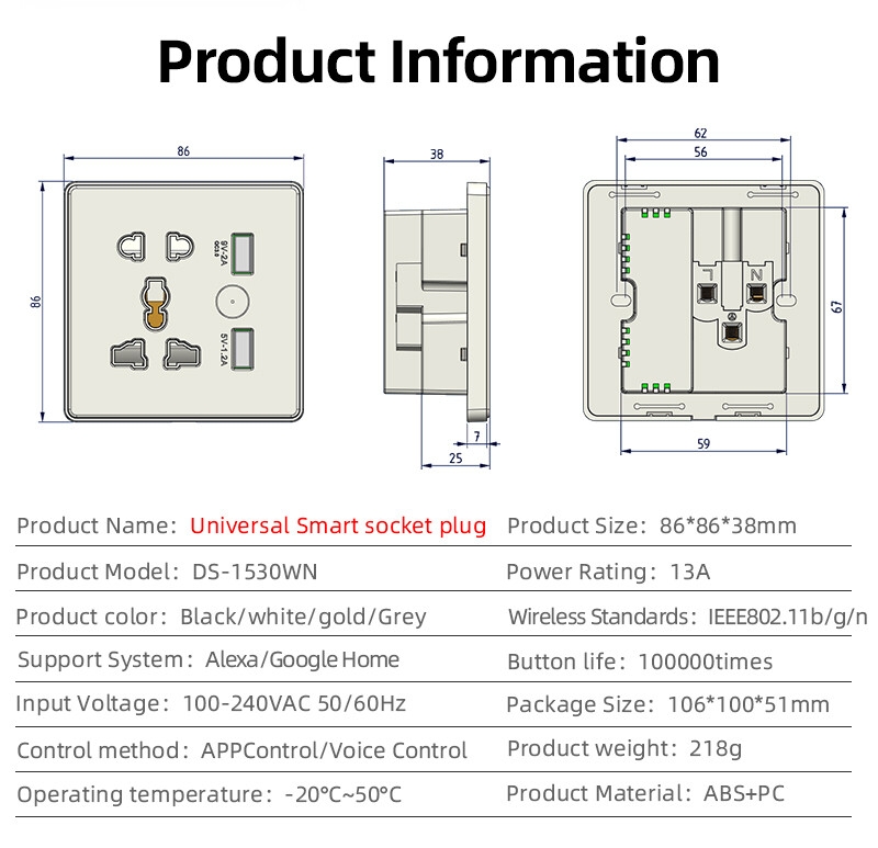 Tuya WiFi Smart Socket Switch Universal Plug for EU UK Quick Charge 3.0 B Port 16A Wall Socket 2 Compatible Alexa Google Home