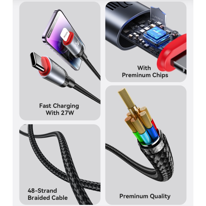 CA182 1.2M 27W Fast Charging Type-C To IP 48-Strand Braided Cable Power LED Light Data Cable