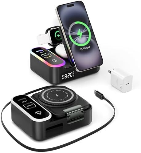 8-in-1 Charging Station 65W, 15W Magnetic Wireless Charger with Retractable Cable, 30W USB C Fast Charging Stand for iPad, Multiple Devices for iPhone 17 16 15 14 13 12 Pro Max Apple Watch Airpods