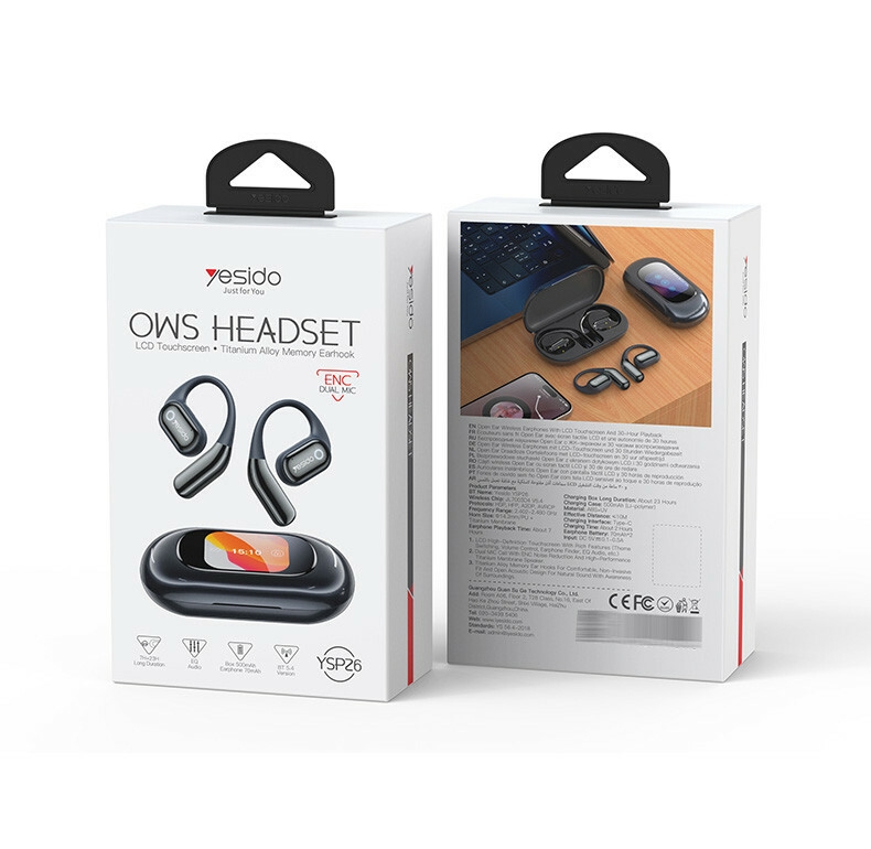 YSP26 BT5.4 ENC Noise Reduction LCD BT OWS Wireless Headphone Packaging