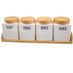 product_image_name-Generic-Salt, Pepper, Spices And Flour 4 Piece Kitchen Storage Jars Ceramic Spice Jars With bamboo LIds And Bamboo Tray Kitchen Boxes Canister Spice Food Organizer Containers Jars With Wooden Tray Stand-1