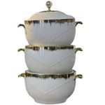 3 Piece Gold Design Soup Food Serving Dishes Bowls Casserole Pots- White