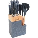 product_image_name-Bass-11 Piece Stainless Steel Modern Knife Set On Bamboo Block Stand And Non-Stick Spoons Utensil Set With cleaver Scissors Bread Knife Steak Knife Sharpener- Multicolor-3