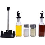 product_image_name-Generic-Olive Oil Bottle and Vinegar Bottle Dispenser Non-Drip Spouts with Sturdy Tray Holder Combination Kit (5 Pieces),Glass Visible Seasoning Bottle,Salt Shaker Pepper Shaker Rotatable Cap Design,More Pouring Methods to Choose,Save Kitchen Space - Transparent-4