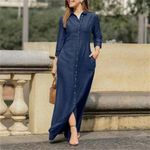 product_image_name-Generic-1 Piece 5XL Plus Size Women’s Long Denim Dress – Shirt Collar, Button Front, Long Sleeves, Skirt Style -1