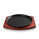 product_image_name-Generic-Kitchen Round Sizzling Plate Cast Iron Plate With Thick Sturdy Wooden Base 26cm- Brown, Black-2