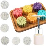 product_image_name-Generic-Moon Cake Mold 6 PCS, Mid Autumn Festival DIY Hand Press Cookie Stamps Pastry Tool Moon Cake Maker, Flower Mode Patterns 1 Mold 6 Stamps 50g (White). -1