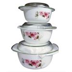 New 3 Pieces Set Of Ceramic Opal Dishes With Glass Lids - White/Flower May Vary