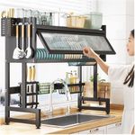 product_image_name-Generic-Over-the-sink dish drying rack with a dust-proof cabinet or lid. This kitchen organizer typically features a black, multi-tiered metal or stainless steel frame that sits above the sink, allowing water from drying dishes to drip directly into the basin. -2