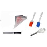 A set of baking  and  cake decorating tools. Piping Bags, silicone brush and spatula, whisky and Angled icing spatula. 