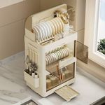 product_image_name-Generic-2 Tier Modern Plastic Dustproof Dish Drying Rack with Lid Kitchen Storage Cassette Cover Bowl Box Dish Drainer Rack Plastic Tray Cupboard Household Kitchen Organizer Cabinet With Cover And Removable Drain Tray Counter Saving Space-4