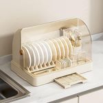 product_image_name-Generic-2 Tier Modern Plastic Dustproof Dish Drying Rack with Lid Kitchen Storage Cassette Cover Bowl Box Dish Drainer Rack Plastic Tray Cupboard Household Kitchen Organizer Cabinet With Cover And Removable Drain Tray Counter Saving Space-6