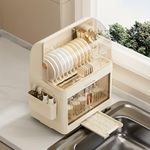 product_image_name-Generic-2 Tier Modern Plastic Dustproof Dish Drying Rack with Lid Kitchen Storage Cassette Cover Bowl Box Dish Drainer Rack Plastic Tray Cupboard Household Kitchen Organizer Cabinet With Cover And Removable Drain Tray Counter Saving Space-7