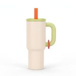Vacuum Insulated Stainless Steel Tumbler with Handle & Straw, Leakproof Travel Cup - Light Beige.