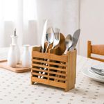 product_image_name-Generic-Bamboo Wooden Kitchen Utensil Holder, Flatware Cutlery Strainer Organizer for Countertop, 2 Divided Utensil Caddy Counter for Chopstick Spoons, Forks, Spatulas, Knivies Stand Drain Storage Holder Drying Rack Cooking Tool Tray Shelf Box-1
