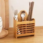product_image_name-Generic-Bamboo Wooden Kitchen Utensil Holder, Flatware Cutlery Strainer Organizer for Countertop, 2 Divided Utensil Caddy Counter for Chopstick Spoons, Forks, Spatulas, Knivies Stand Drain Storage Holder Drying Rack Cooking Tool Tray Shelf Box-8