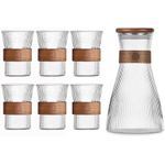 product_image_name-Generic-Ribbed Glass Pitcher Set with 6 Cups, Elegant Juice Milk Cold Carafe Cold Water Jug with Wooden Ring, 1 Glass Jug with Lid, 6 Cups, Thick Base, Leakproof For Refrigerator  - Multicolor-1