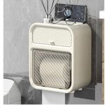 Wall-mounted plastic toilet paper holder with a top shelf and a drawer. 