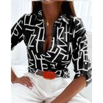 Geometric Print Button-Up Office Coporate wear  Blouse -Black