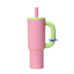 Vacuum Insulated Stainless Steel Tumbler with Handle & Straw, Leakproof Travel Cup - Pink.
