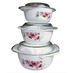 New  3 Pieces Set Of Ceramic Opal Dishes With Glass Lids - White/Flower May Vary