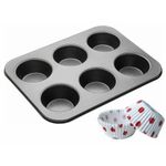 6 slot  muffin baking tray with cupcake liners. 