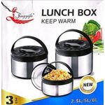 product_image_name-Generic-Stainless Steel Thermo Steel Casserole Warm Lunch Food Warmer Storage Lunch Box 3 Piece Set Cover Design May Differ - Silver/Black/Green-2