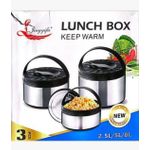 product_image_name-Generic-Stainless Steel Thermo Steel Casserole Warm Lunch Food Warmer Storage Lunch Box 3 Piece Set Cover Design May Differ - Silver/Black/Green-6