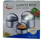 product_image_name-Generic-Stainless Steel Thermo Steel Casserole Warm Lunch Food Warmer Storage Lunch Box 3 Piece Set Cover Design May Differ - Silver/Black/Green-7