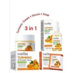 SADOER 3 Packs Turmeric Soap Bar + Serum + Cream Skin Care for Shower, Smoothing and Cleanses Skin Face Wash Soap Face Serum, Face Wash Oily Skin Bar Soap for Face and Body