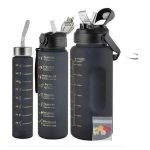 3 In 1 Color Motivational Water Bottle With Stickers - Black.