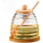 product_image_name-Generic-Glass Honey Jar Dispenser with Wooden Lid Dipper Stick and Bamboo Base Stand Transparent Ribbed Storage Container for Honey Syrup Liquid Pouring (550ml) Honeycomb Tank Kitchen Tools Honey Storage Container -1