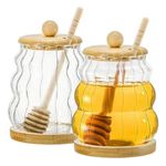 product_image_name-Generic-Glass Honey Jar Dispenser with Wooden Lid Dipper Stick and Bamboo Base Stand Transparent Ribbed Storage Container for Honey Syrup Liquid Pouring (550ml) Honeycomb Tank Kitchen Tools Honey Storage Container -6