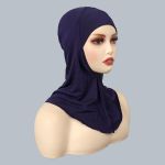 Women Mercerized Muslim Turban Hat Interior Hijab Cap-Navy Blue