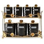 Life Smile 7Piece Porcelain Food Storage Canister Organizer Set With Gold Metal Stand -Black