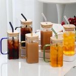 product_image_name-Generic-Modern Square Glass Mug Set with Bamboo Lids and Colored Handles (6 pieces-1