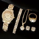 5 In 1 Women Watch + Necklace + Earrings + Ring + Bracelet Set - Gold
