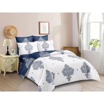 10-Piece Luxury Royal Navy & White Damask Duvet Set (6x6) - Includes Curtains, Bedding & Lifestyle Accessories