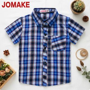 JOMAKE Short-sleeved shirt for boys aged 2-9, blue, black and white retro interwoven, with pockets and loose fit.