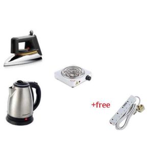 Original 2L Electric Kettle, Flat Iron & Single Coil Hotplate Plus A Free 4 Way Extension- Silver & White
