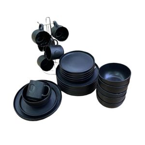 Ceramic 6 Dinner Plates 6 Side Plates 6 Soup plates 6 Tea Cups With Stand Dinner Set-Black