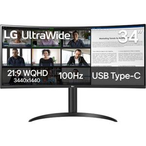 LG 34WR55QK-B 34-inch UltraWide WQHD (3440 x 1440) Curved Computer Monitor, 100Hz, 5ms, HDR10, Reader Mode, HDMI, DisplayPort, USB Type-C, Tilt/Height Adjustable Stand, Black