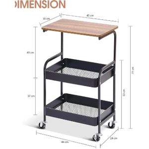 3 Tier Rolling Utility Cart with Wooden Top, Metal Storage Organizer with Lockable Wheels for Kitchen, Office & Bedroom